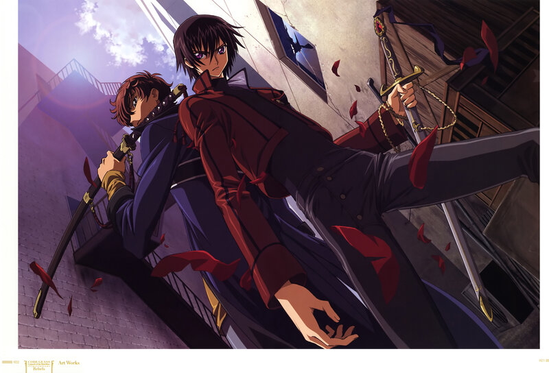 two swordsmen in a city alley