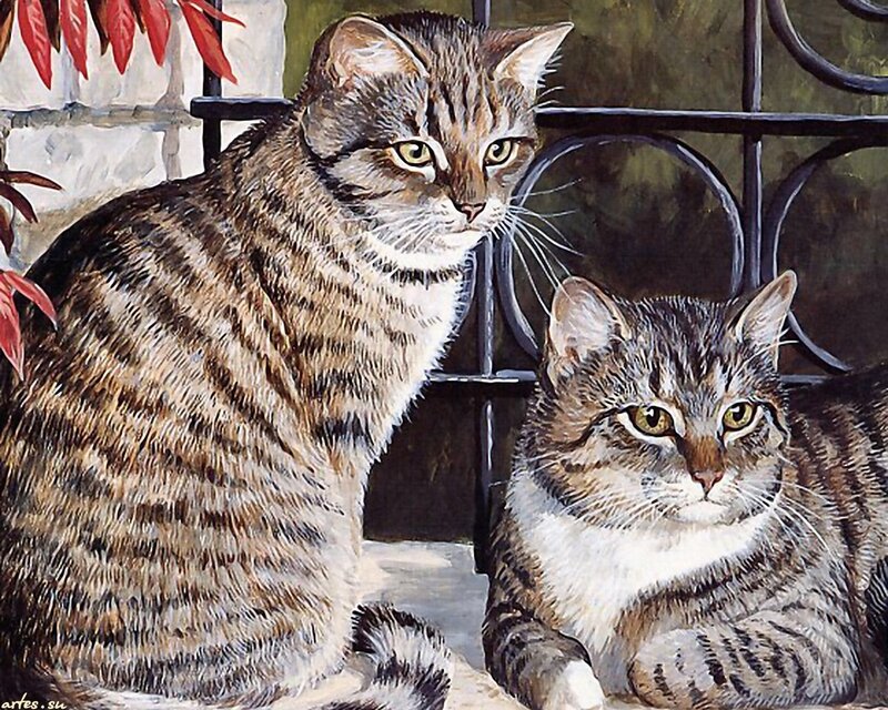 Two Tabby Cats — Brown, Calm, Painting