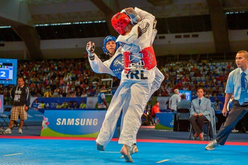 Two Taekwondo Athletes — Blue, Competitive, Photograph, Audience, Referee