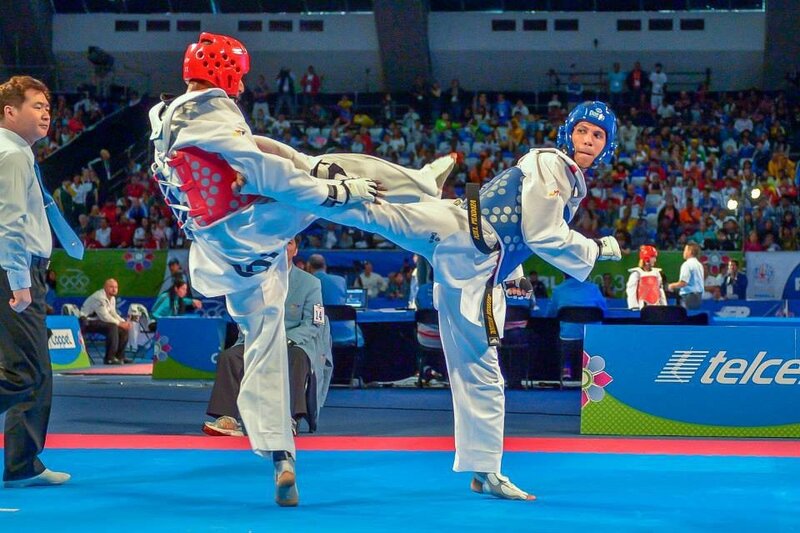 Two Taekwondo Fighters — Blue, Competitive, Photograph, Referee, Audience, Competition Mat