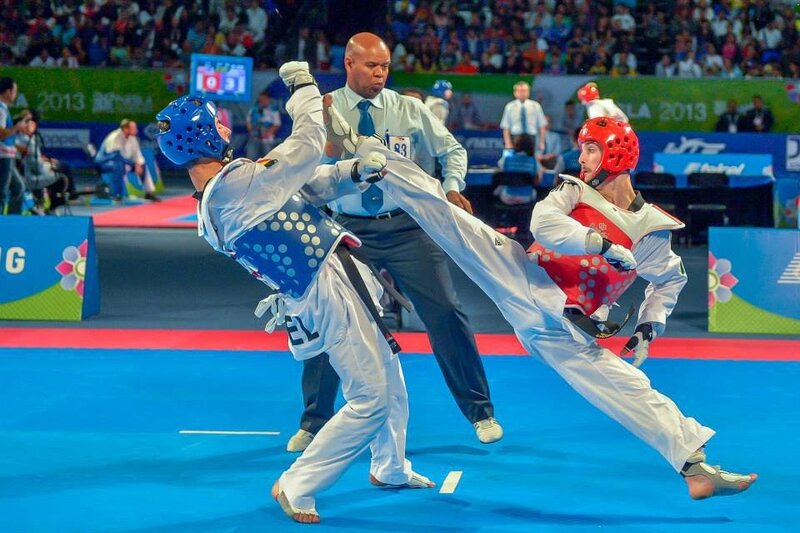 Two Taekwondo Fighters — Blue, Competitive, Photograph, Referee, Helmet