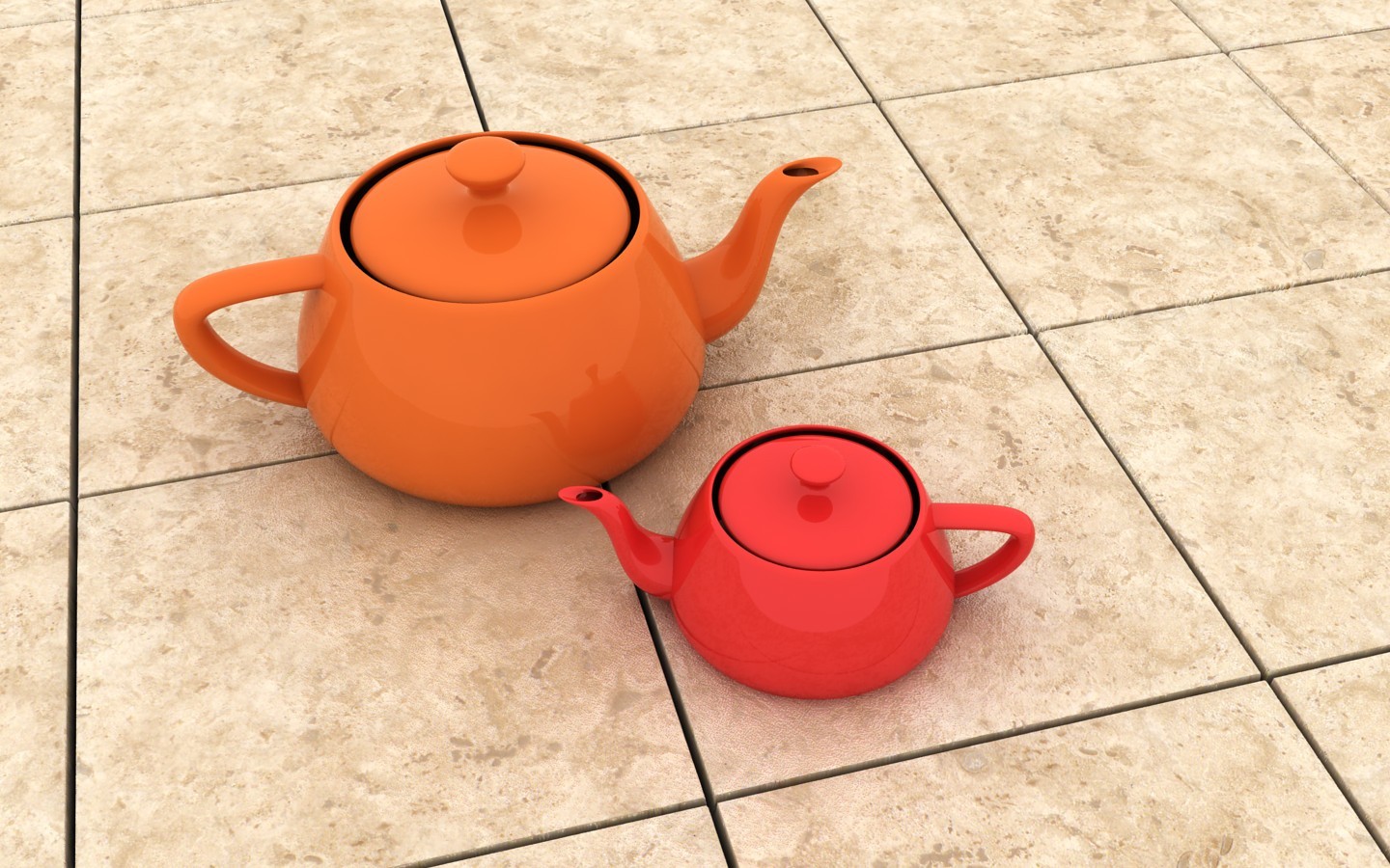 Two teapots on tiled floor