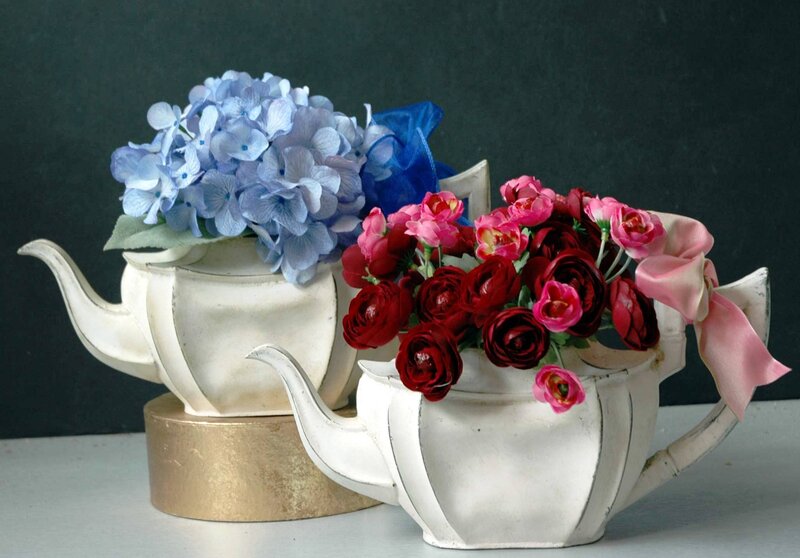 Two Teapots with Flowers — White