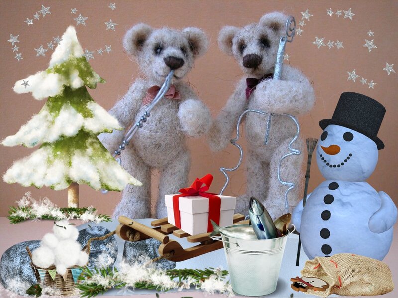 Two Teddy Bears and Snowman