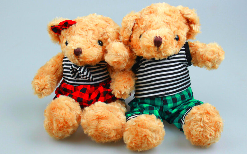 Two Teddy Bears — Brown, Calm, Photograph, Striped Shirts