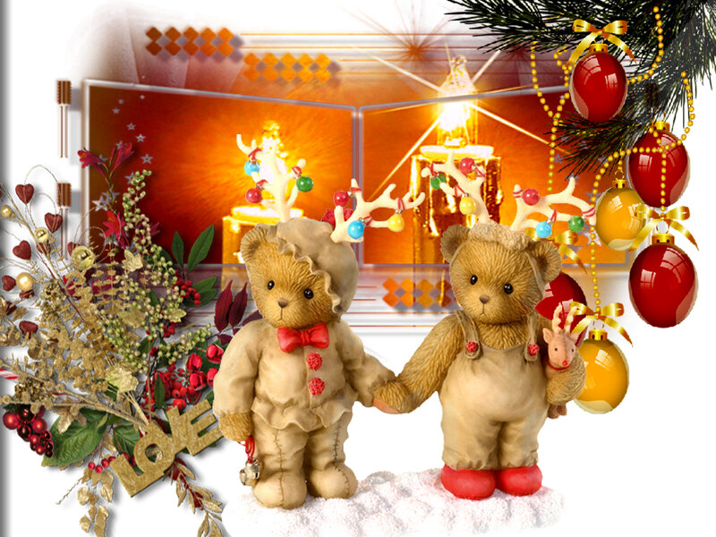Two Teddy Bears Holding Hands — Red