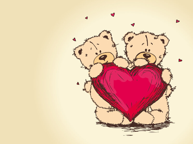 Two Teddy Bears Holding Heart — Red