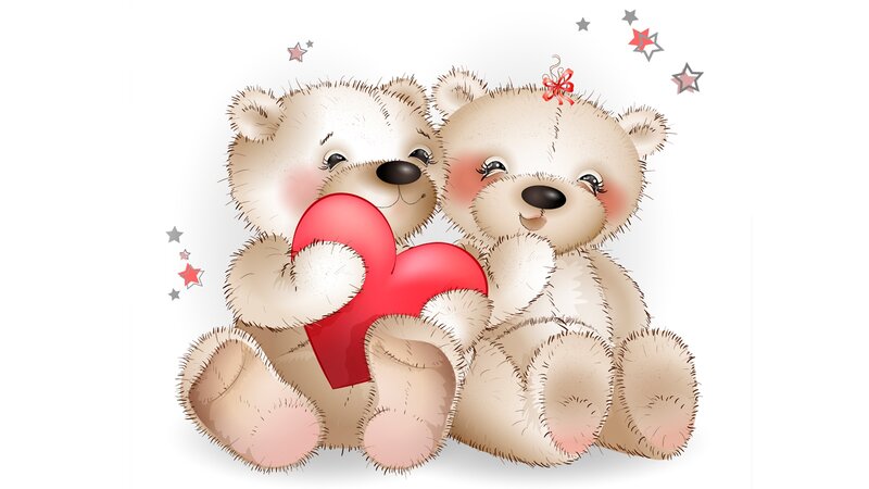 Two Teddy Bears Holding Heart — White, Sweet