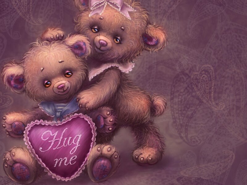 Two Teddy Bears Hugging — Purple, Cuddly, Digital Art