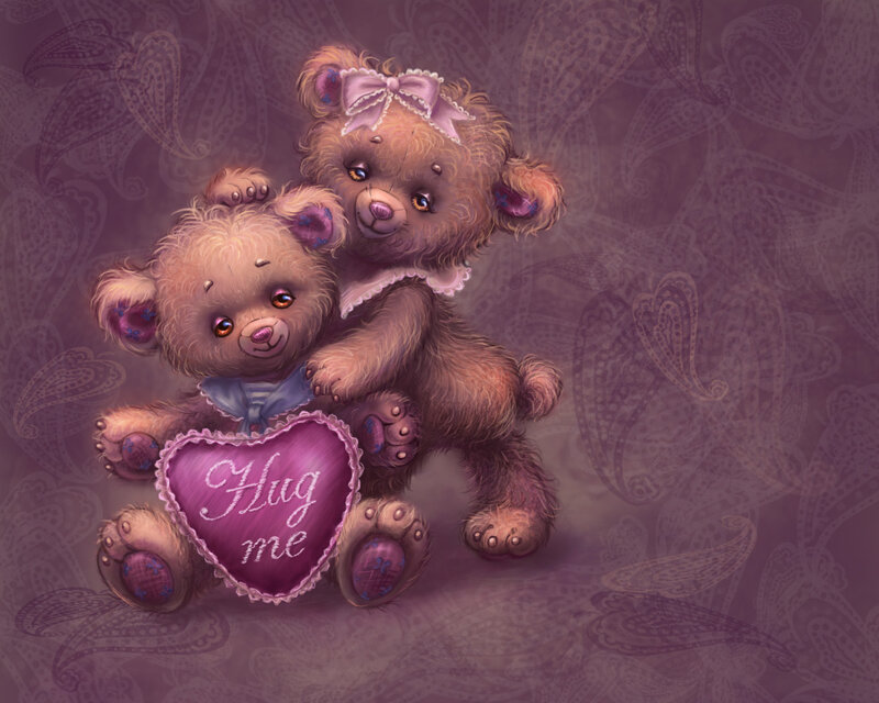 Two Teddy Bears Hugging — Purple, Cuddly