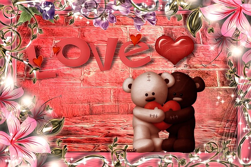 Two Teddy Bears Hugging — Red, Romantic, Digital Art, Hearts