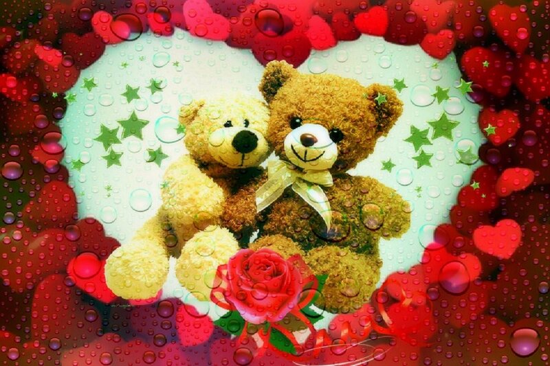 Two Teddy Bears Hugging — Red, Romantic, Digital Art