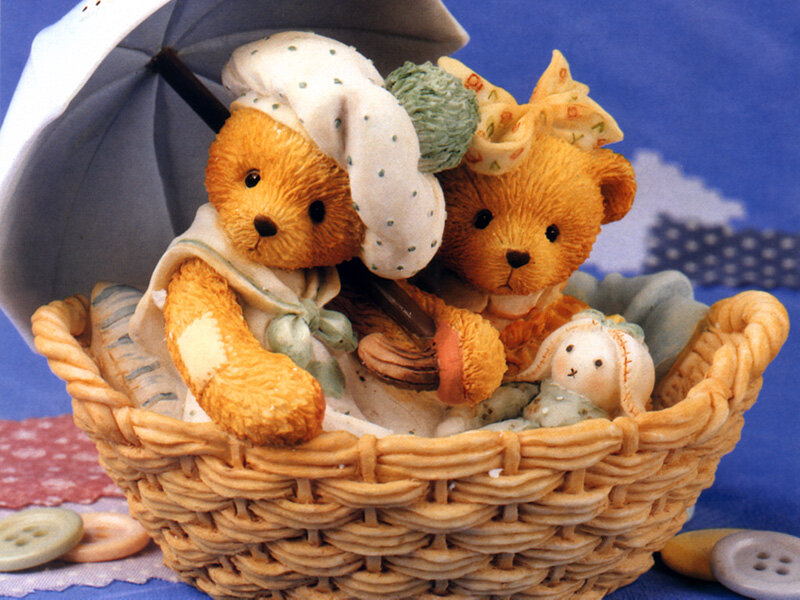 Two Teddy Bears in Basket