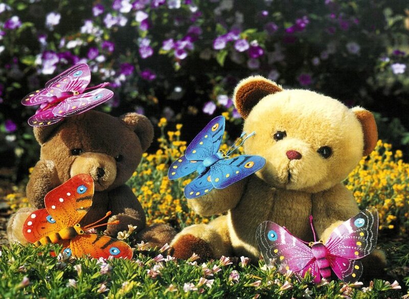 Two Teddy Bears in Flowers — Brown