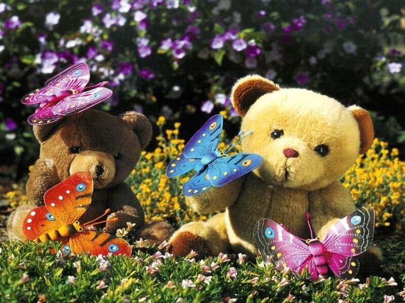 Two Teddy Bears in Flowers