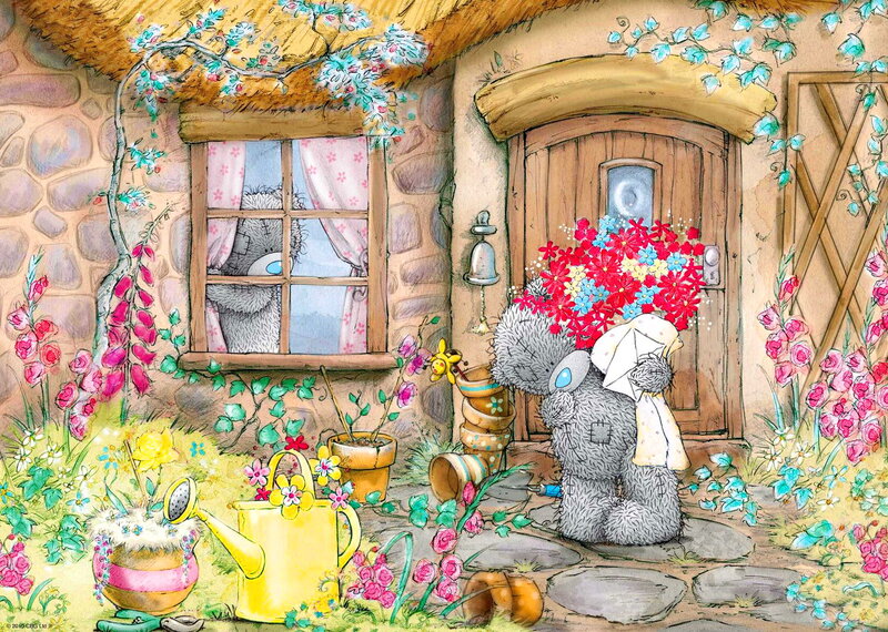 Two Teddy Bears in Garden — Yellow