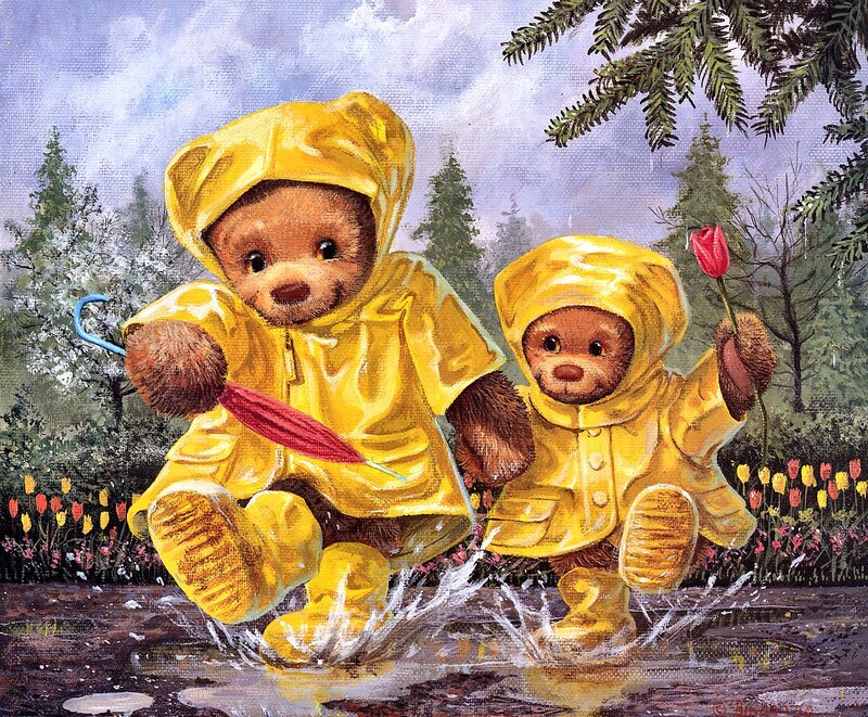 Two Teddy Bears in Raincoats