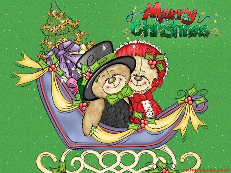 Two Teddy Bears in Sleigh — Green