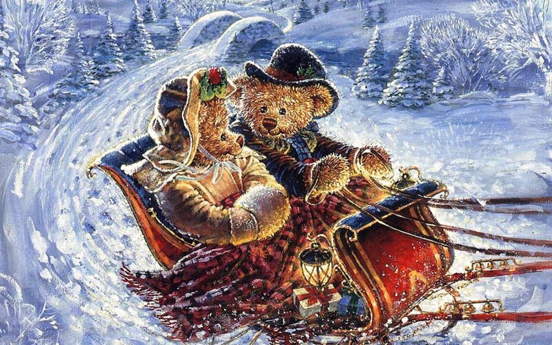 Two Teddy Bears in Sleigh — Red