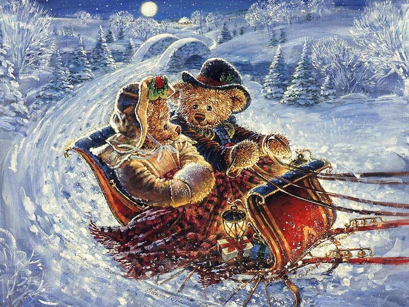 Two Teddy Bears in Sleigh