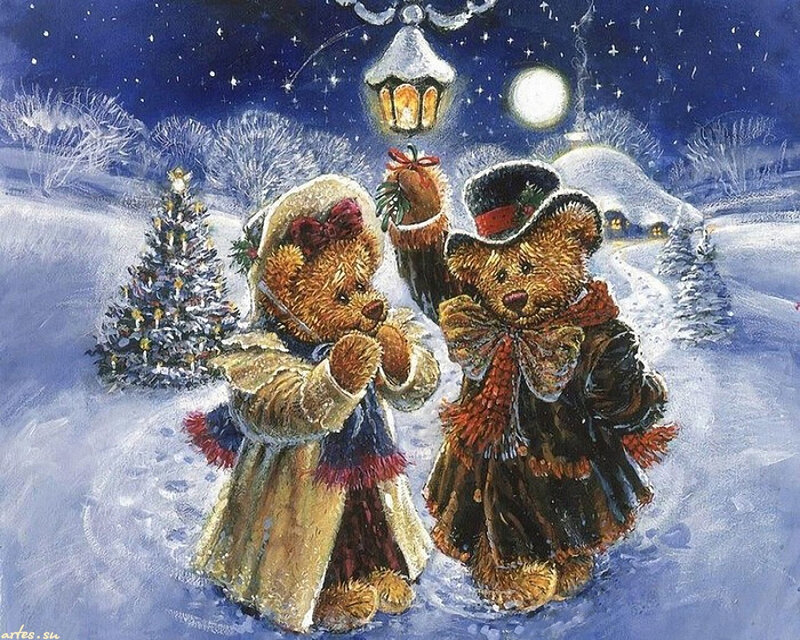 Two Teddy Bears in Snow — Blue, Festive, Night, Painting
