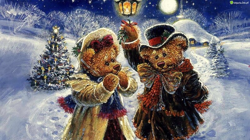 Two Teddy Bears in Snow — Blue, Festive, Night