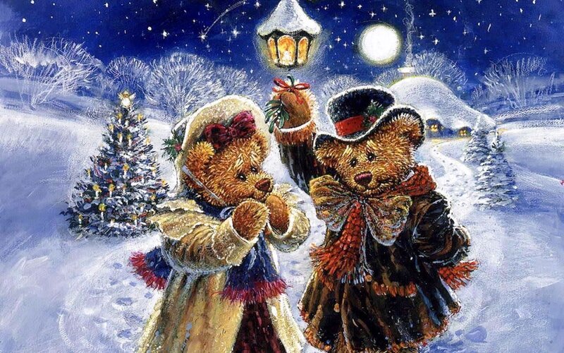 Two Teddy Bears in Snow — Blue