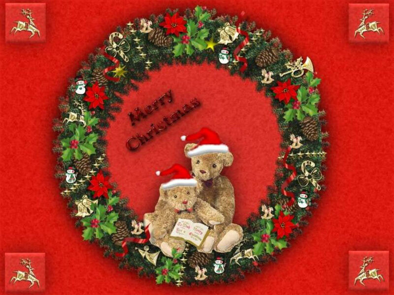 Two Teddy Bears in Wreath — Red