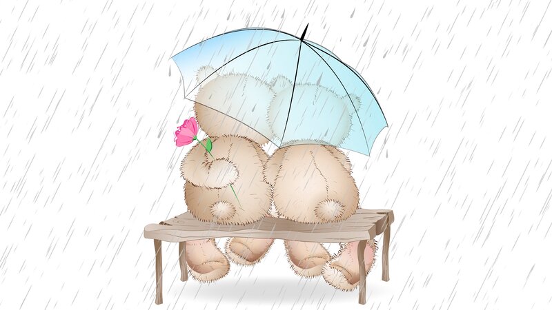 Two Teddy Bears on Bench — Brown, Rainy