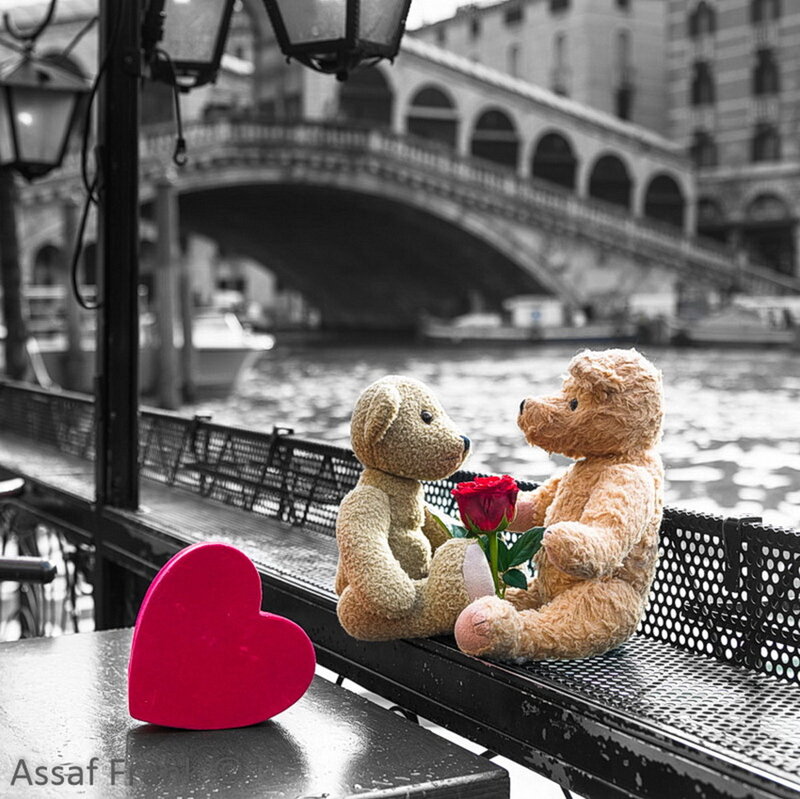 Two Teddy Bears on Bench — Brown, Romantic