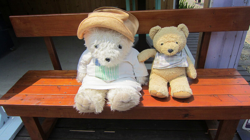 Two Teddy Bears on Bench — Brown