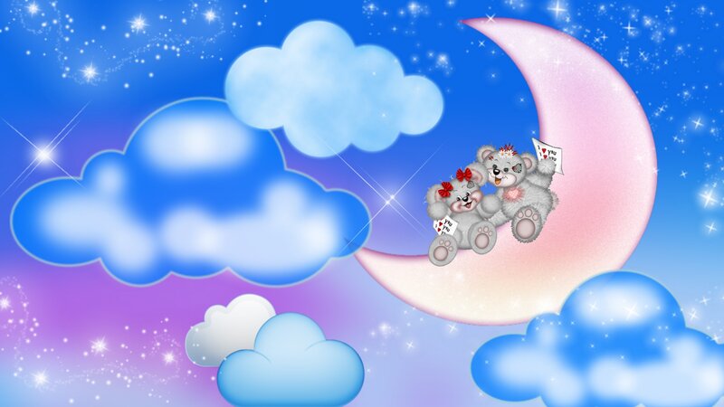 Two Teddy Bears on Moon — Blue