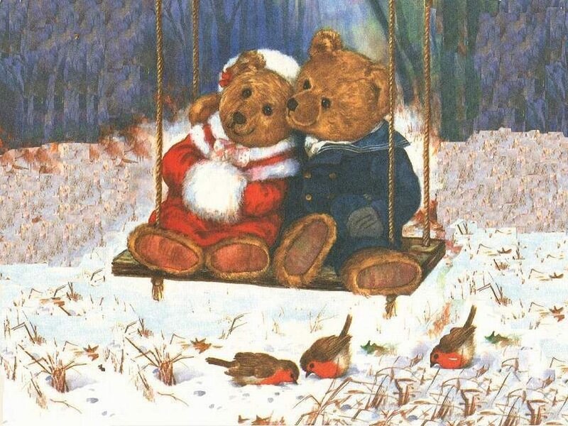 Two Teddy Bears on Swing — Brown