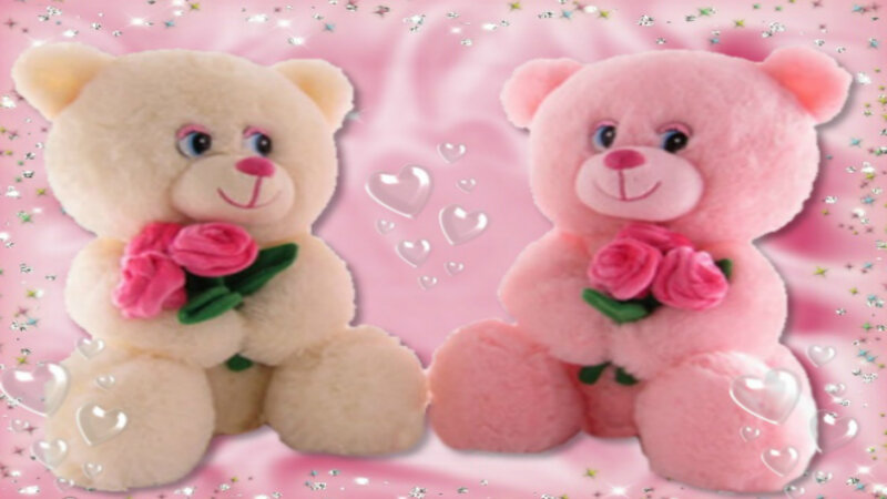 Two Teddy Bears — Pink, Romantic, Digital Art, Roses