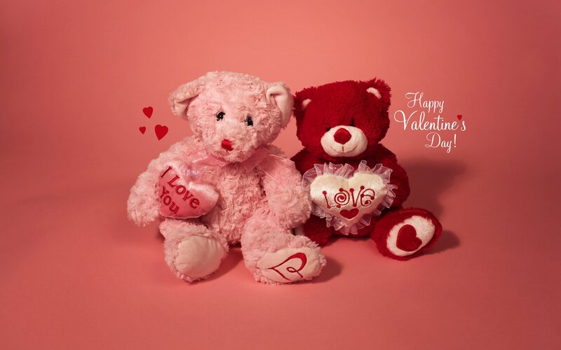 Two Teddy Bears — Pink, Romantic, Photograph, Hearts, Text, Background