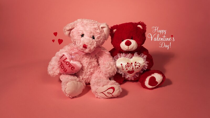 Two Teddy Bears — Pink, Romantic, Photograph, Hearts, Text