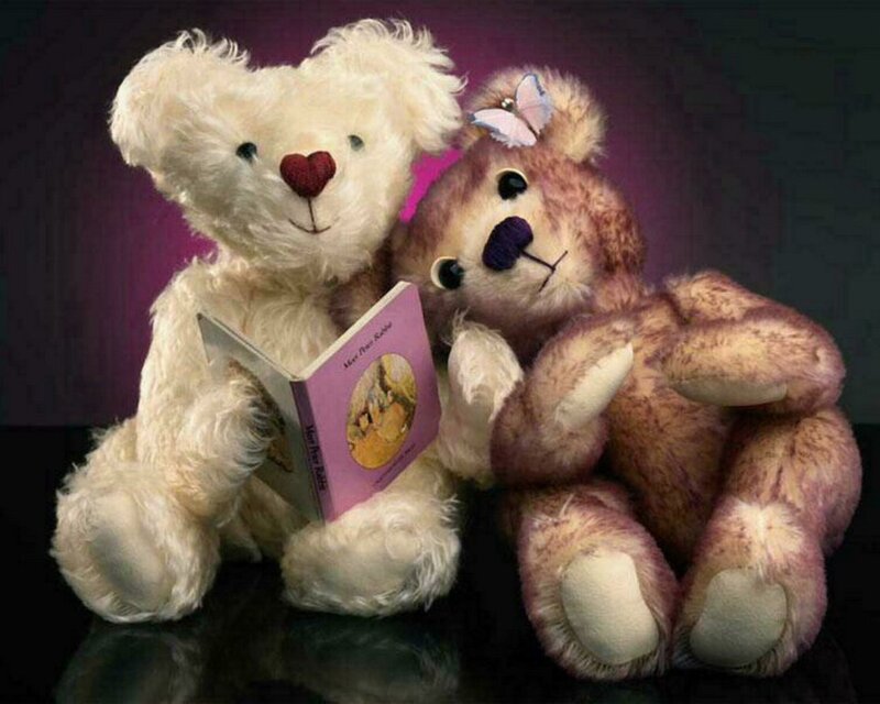 Two teddy bears reading a book