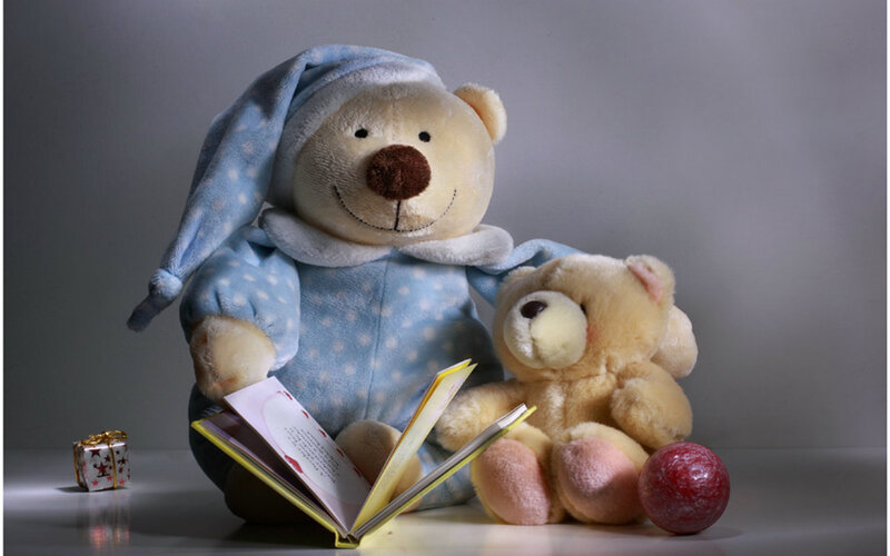 Two Teddy Bears Reading — Blue