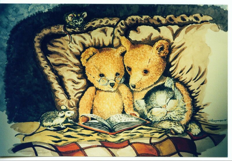 Two Teddy Bears Reading — Brown, Cozy