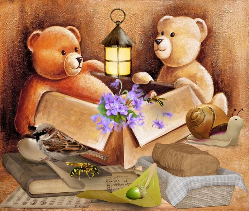 Two Teddy Bears Reading — Brown