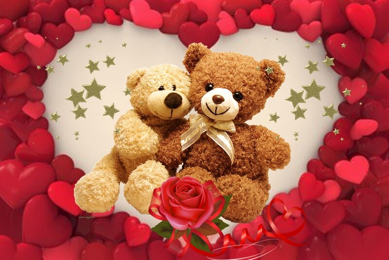 Two Teddy Bears — Red, Romantic, Digital Art