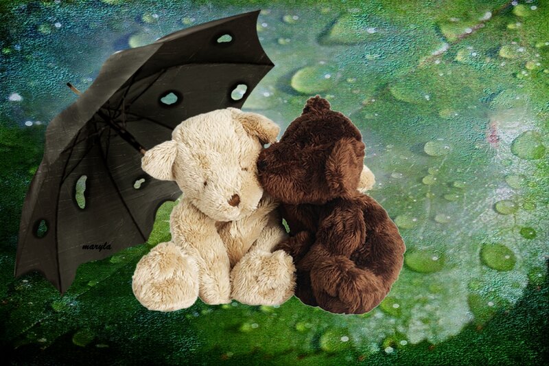 Two Teddy Bears under Umbrella