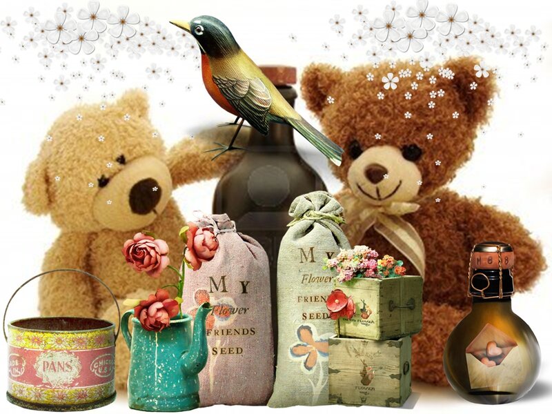 Two Teddy Bears with Flowers — Brown