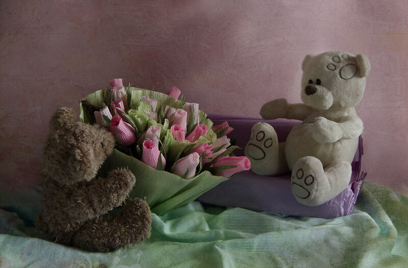 Two Teddy Bears with Flowers — Pink