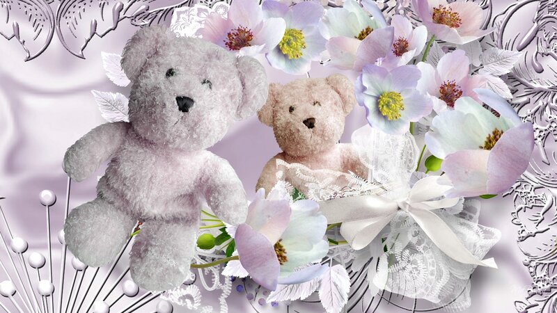 Two Teddy Bears with Flowers — Purple