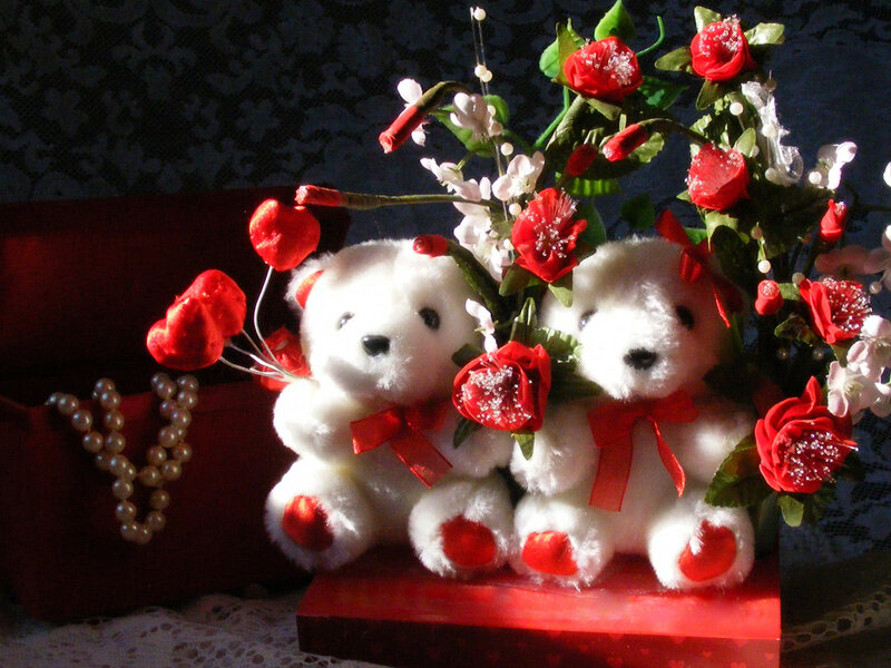 Two Teddy Bears with Flowers — White, Romantic