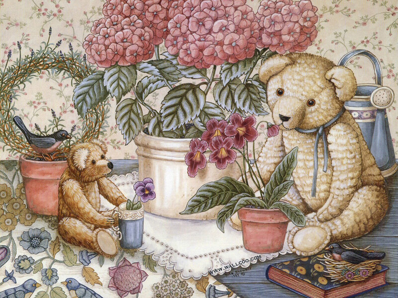 Two Teddy Bears with Plants