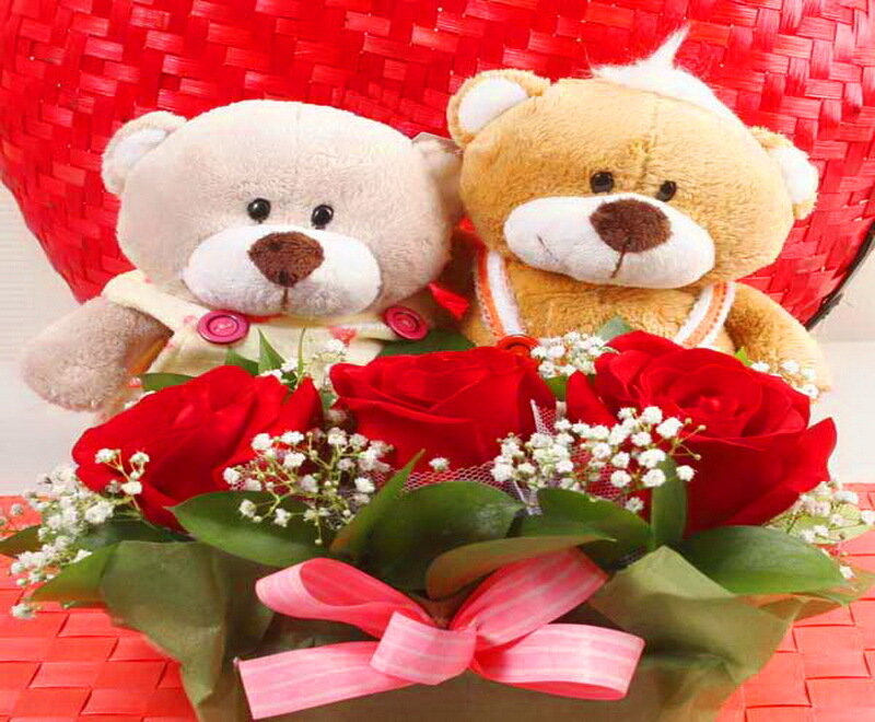 Two Teddy Bears with Roses