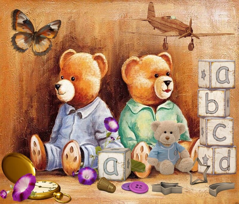 Two Teddy Bears with Toys — Brown
