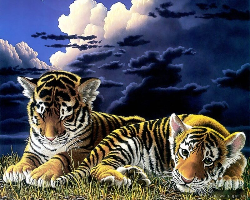 Two Tiger Cubs — Orange, Dramatic, Night, Digital Art